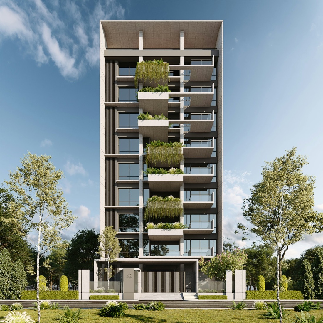 Modern residential tower with landscaped balconies