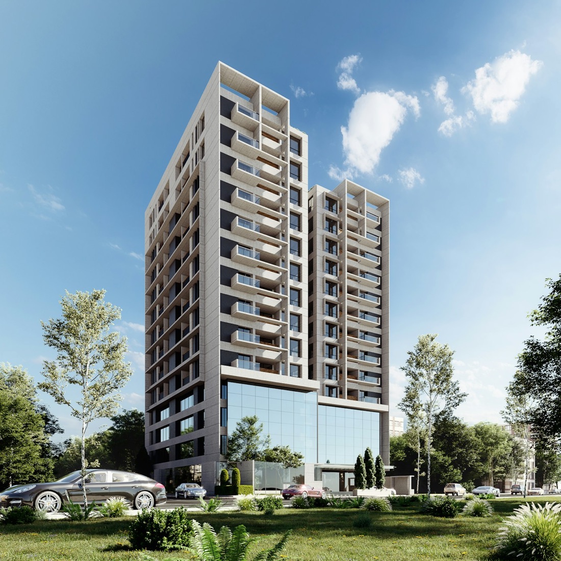 Geometric residential towers against a clear sky